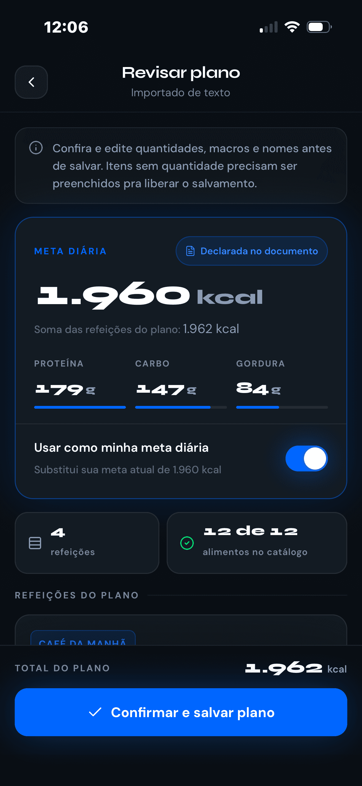 Importe a sua dieta por planilha ou PDF