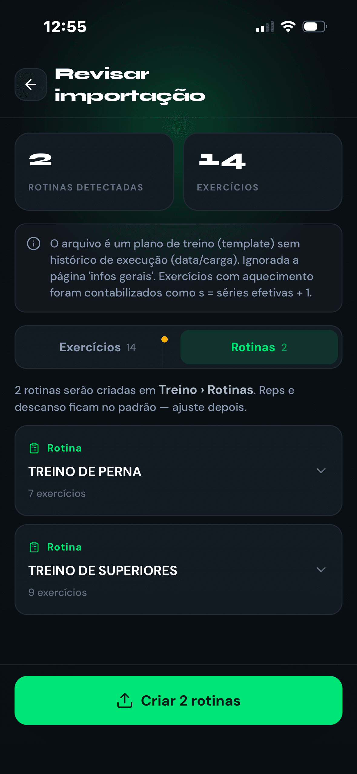 Importe seu treino pronto